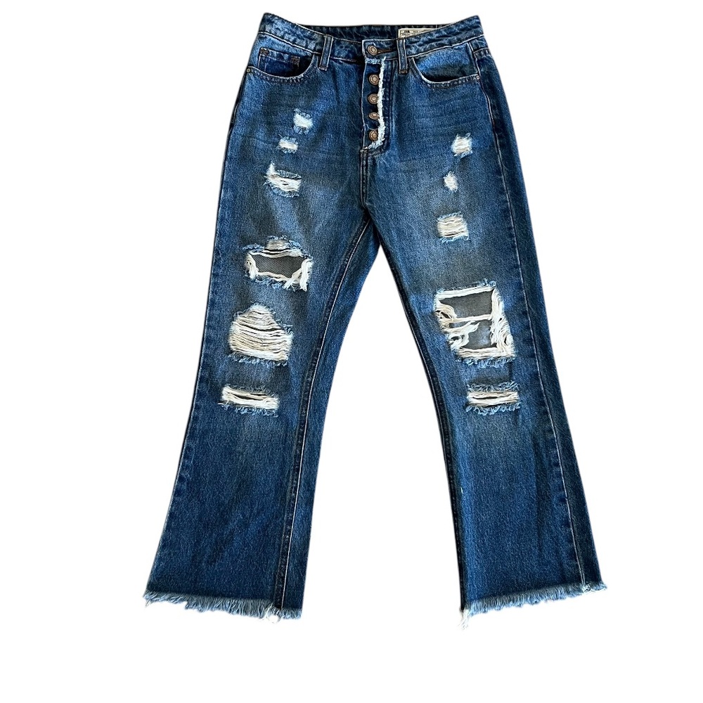 I&M Ariana Boyfriend High Rise Jeans Button Fly Distressed Raw Hem